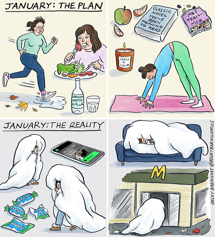 Comic by Becky Barnicoat illustrating January plans vs. reality, depicting everyday life challenges.