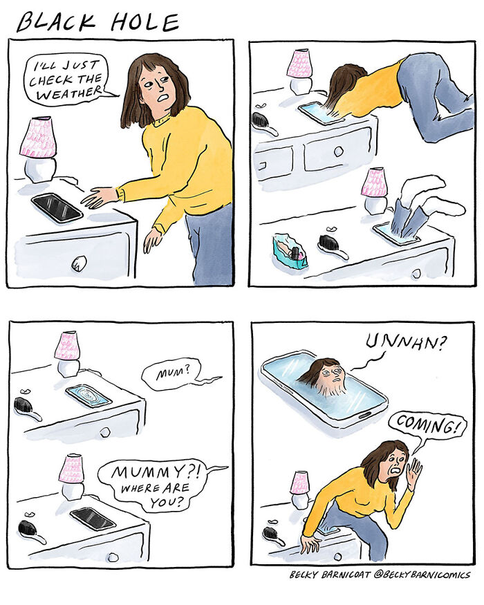 Comic by Becky Barnicoat depicting a woman getting stuck in a phone while checking the weather, illustrating everyday challenges.