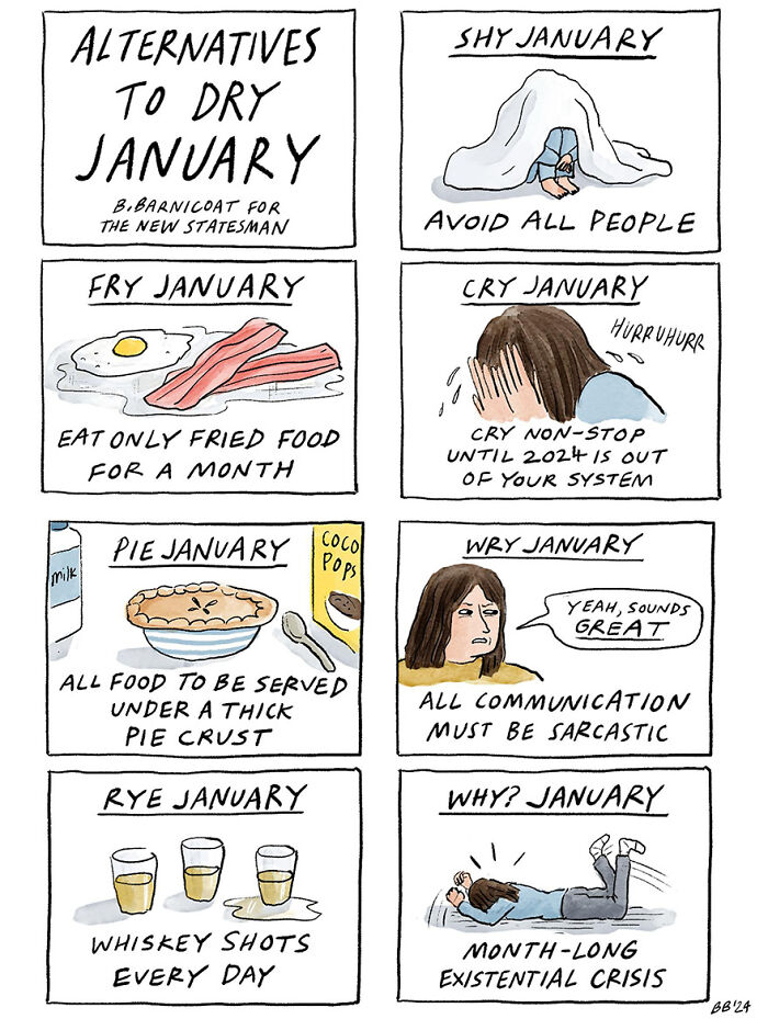 Comic by Becky Barnicoat humorously exploring alternatives to Dry January with sarcastic, fried food, and existential themes.