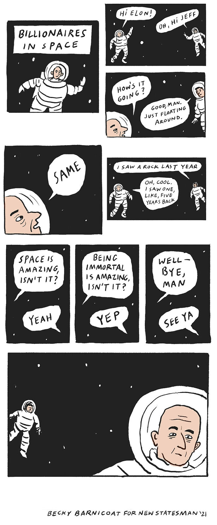 Comic by Becky Barnicoat depicting astronauts with speech bubbles in space, highlighting everyday life challenges humorously.