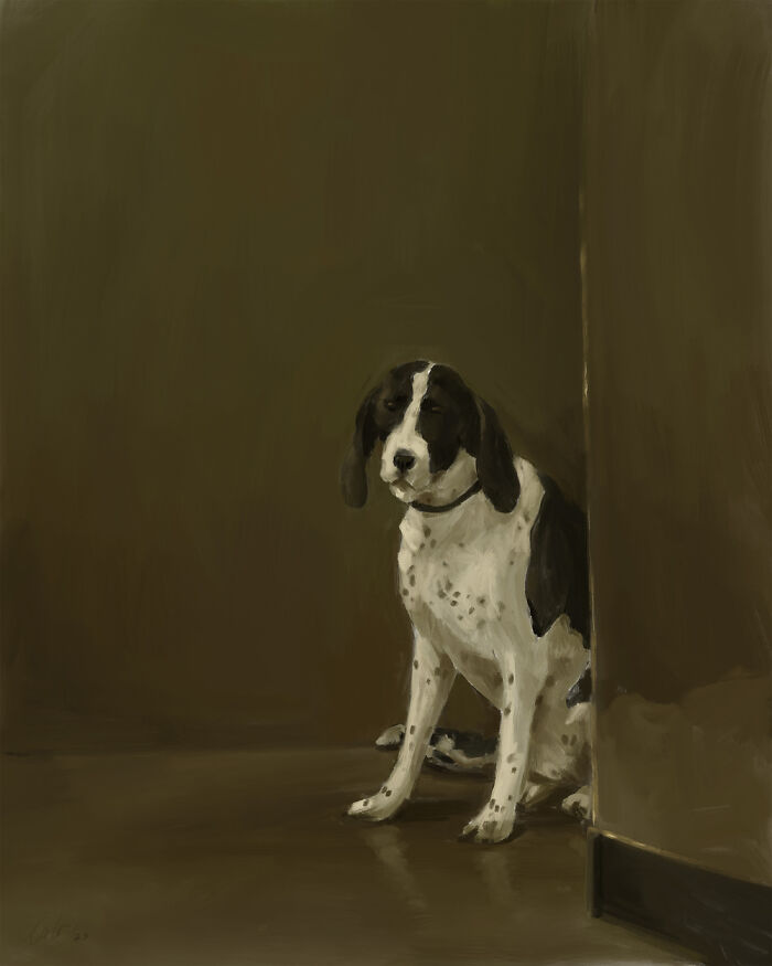 Digital painting of a black and white dog sitting in a dimly lit room.