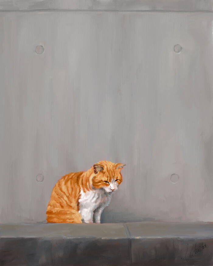 Digital painting of a ginger cat sitting against a gray wall.