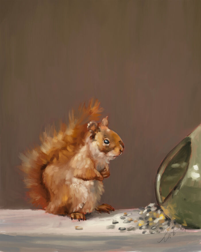 Digital painting of a squirrel next to a pile of seeds, showcasing animal art.