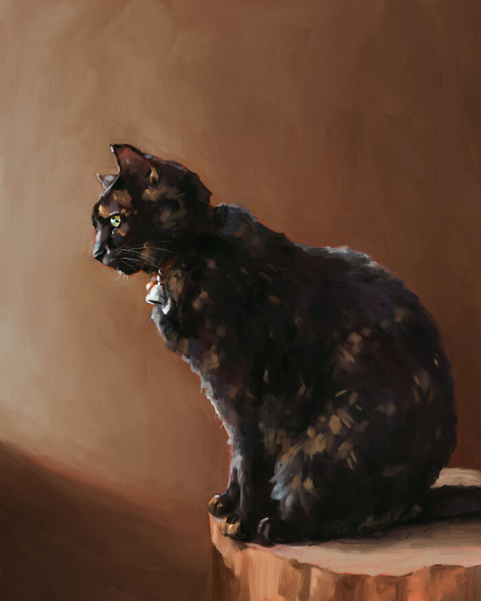 Digital painting of a black cat perched on a wooden stump, gazing to the side, with a warm background.