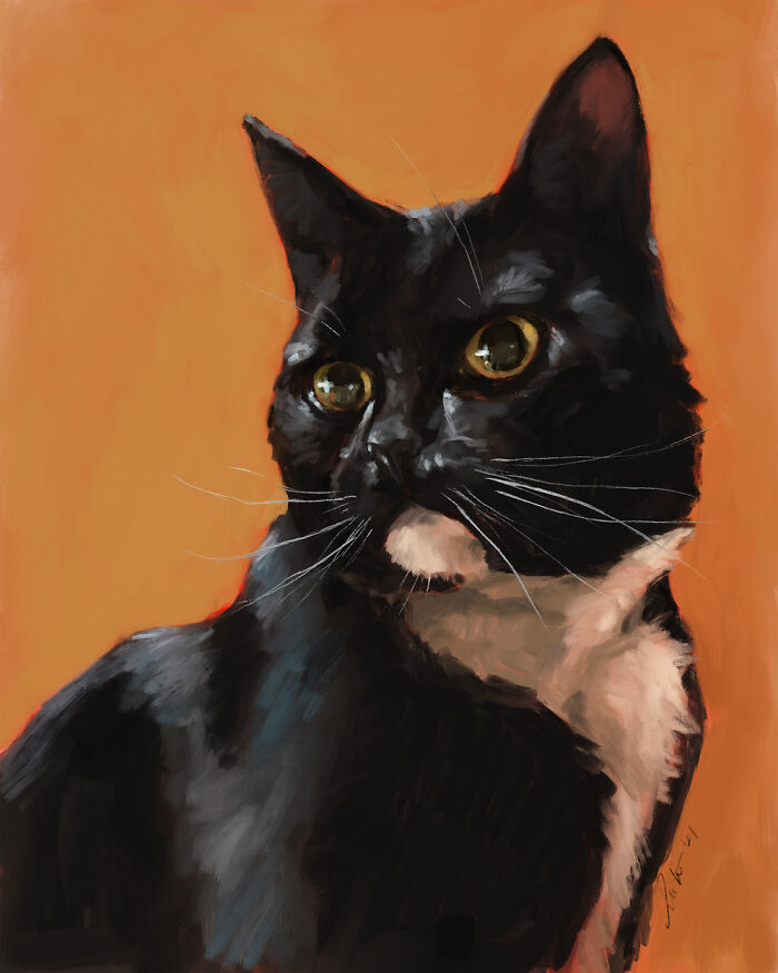 Digital painting of a black and white cat with an orange background.