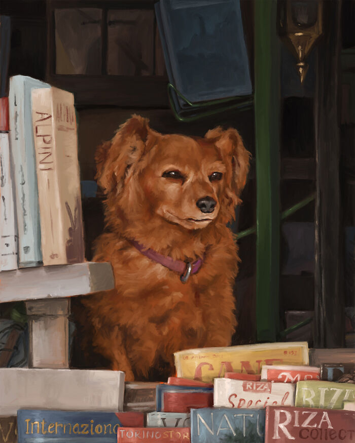 Digital painting of a brown dog among colorful books.