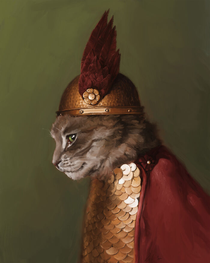 Digital painting of a cat dressed as a medieval knight with helmet and cloak.