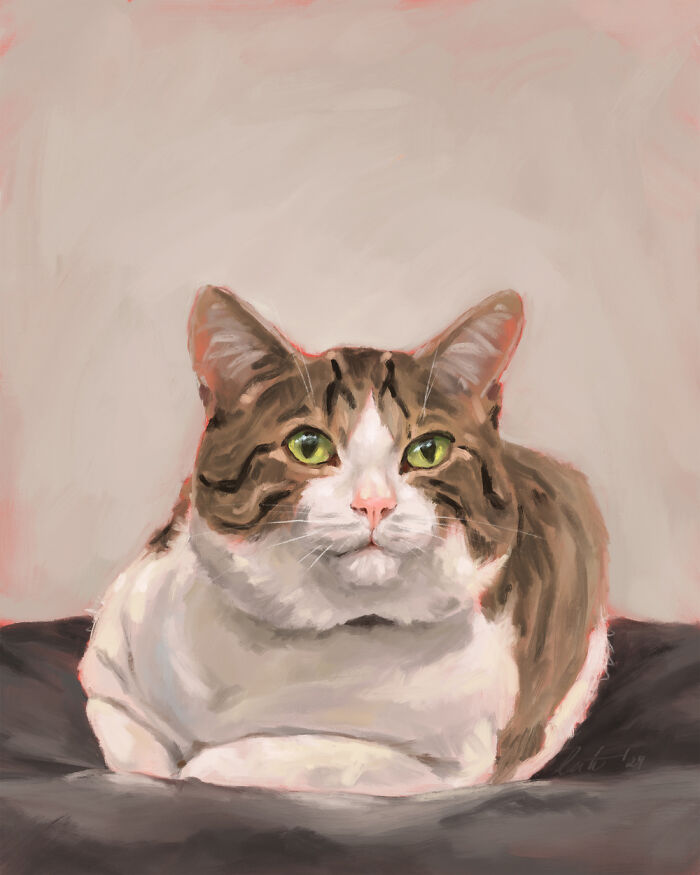 Digital painting of a cat with green eyes, lying on a soft surface, showcasing artistic detail.