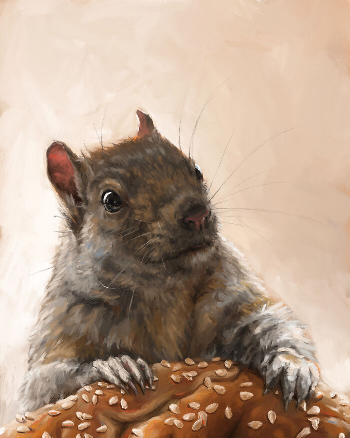 Digital painting of a squirrel holding a sesame seed bagel, showcasing animal art.