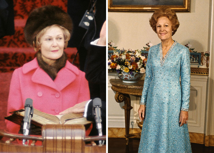 Past First Ladies in inaugural outfits: one in a pink coat and fur hat, the other in a blue dress.