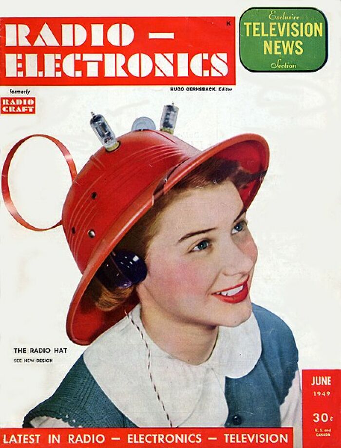 Woman wearing a 1940s "Radio Hat," showcasing a historical invention ahead of its time.