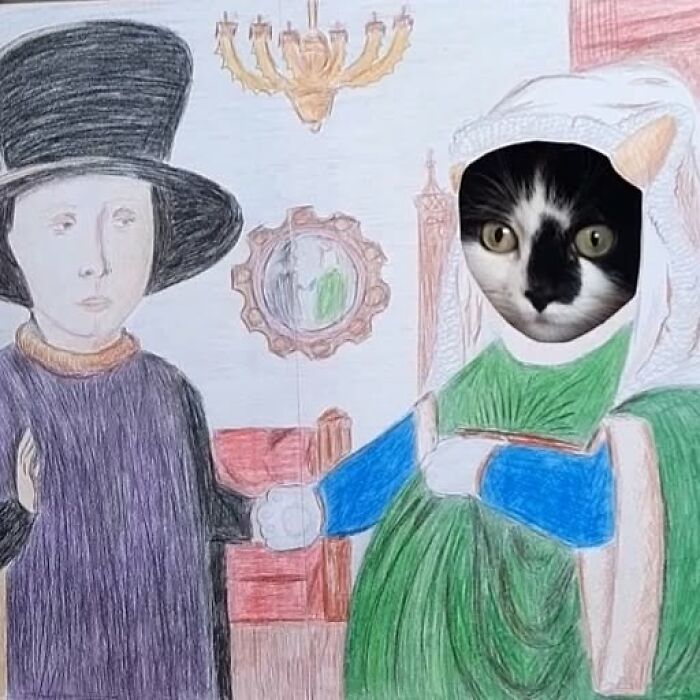 Rescue cat's face edited into a drawing of historical figures, blending pet and art creatively.