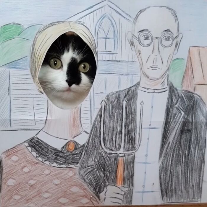 Rescue cat's face integrated into an art piece, resembling a famous painting with a pitchfork and traditional clothing.