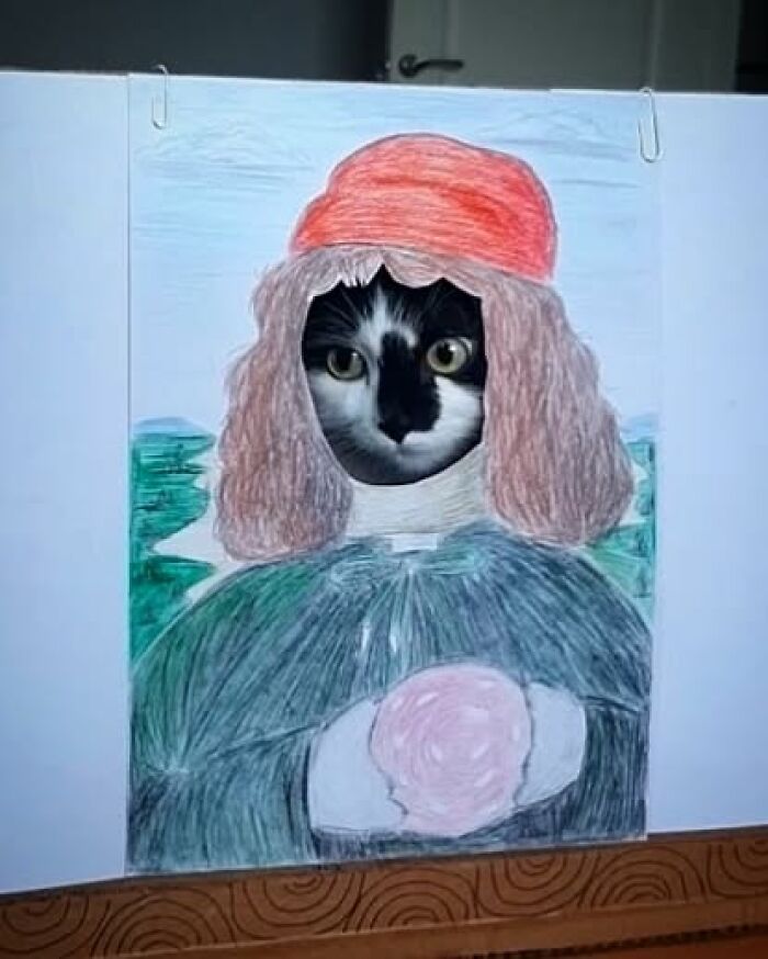 Rescue cat's face in colorful drawing makes living art.