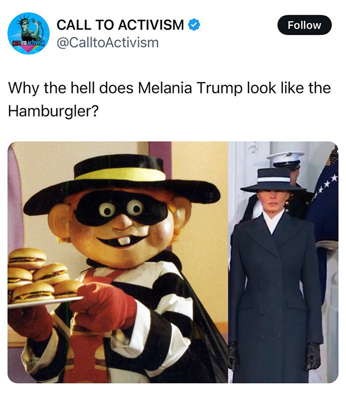 Melania Trump's inauguration outfit humorously compared to the Hamburglar.