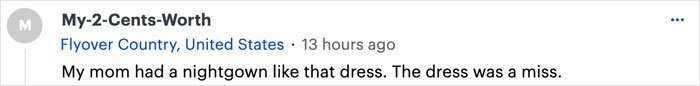 Comment criticizing an Australian bride's dress, comparing it to a nightgown and saying it was a miss.