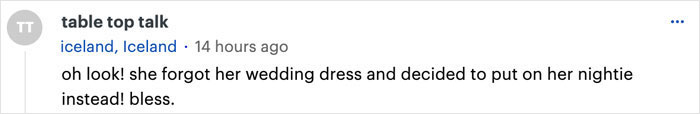 Comment criticizing an Australian bride's wedding dress as resembling a nightie.