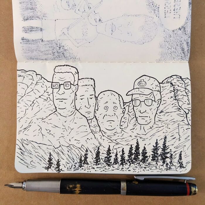 Funny Ed Harrington drawing merging childhood classics with Mount Rushmore theme, featuring comic-style characters.