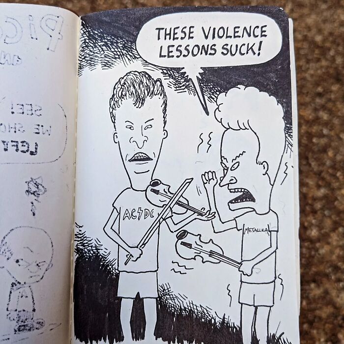 Ed Harrington's funny drawing of two kids playing violins, wearing rock band t-shirts, with a humorous speech bubble.