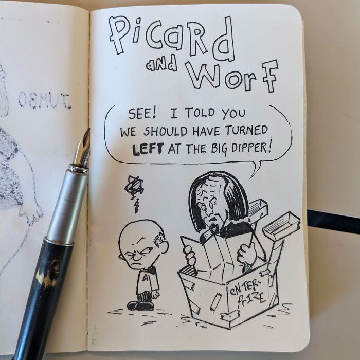 Funny drawing by Ed Harrington of Picard and Worf lost with a map, humorously depicted in a sketchbook.