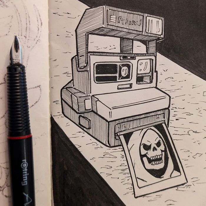 Funny drawing by Ed Harrington shows a Polaroid camera printing a photo of a skull.