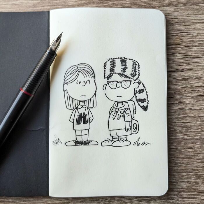 Funny drawing of childhood classics by Ed Harrington in a sketchbook with a black pen.