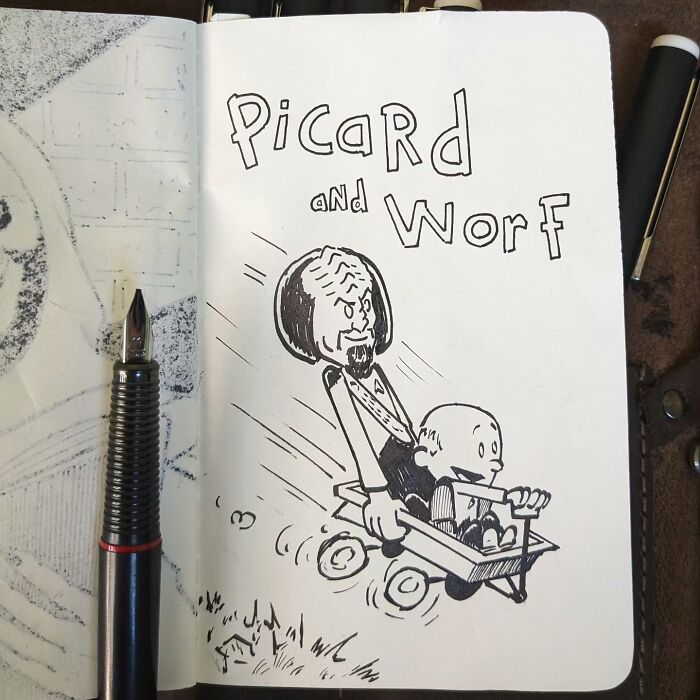 Funny drawing of Picard and Worf in a wagon, part of Ed Harrington's humorous childhood classics series.