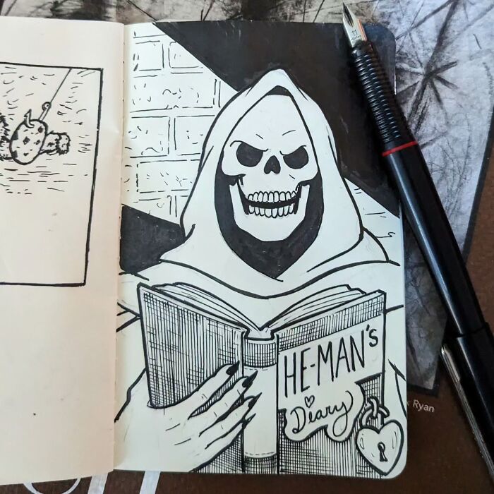 Funny drawing of Skeletor reading a book titled "He-Man's Diary" by Ed Harrington, showcasing a humorous take on childhood classics.