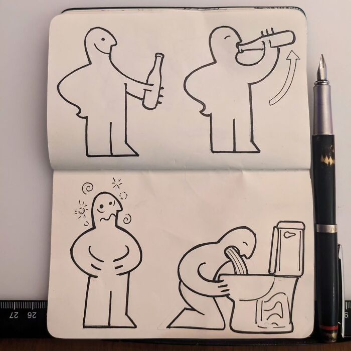 Funny drawings by Ed Harrington in a notebook, depicting humorous transformations of classic characters.