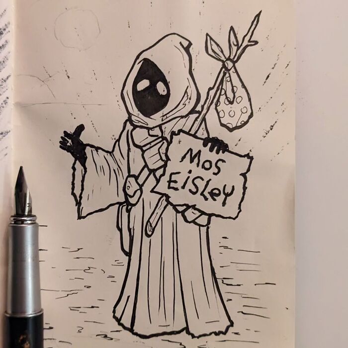 Funny drawing by Ed Harrington of a hooded character holding a "Mos Eisley" sign, with a stick and bag.