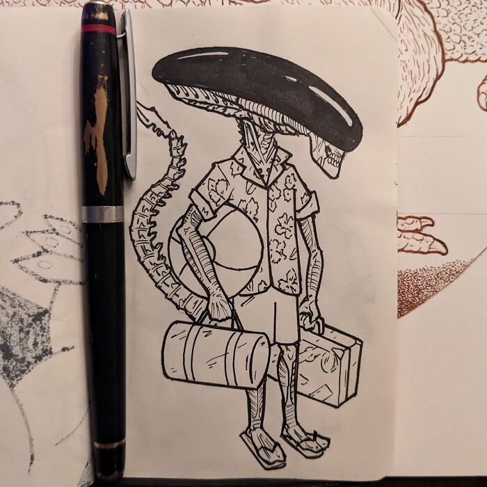 A funny drawing by Ed Harrington of an alien with luggage and beach attire in a notebook.