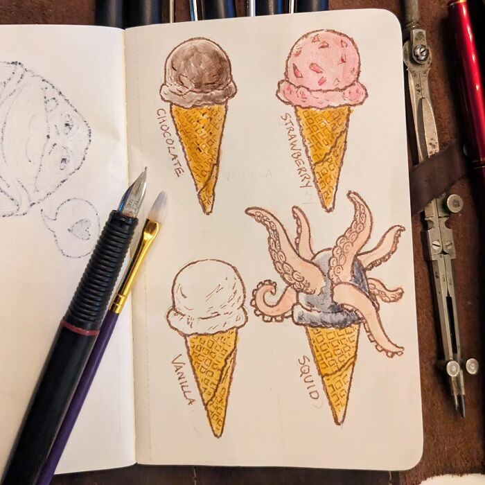 Ed Harrington's funny drawing of ice cream cones, including a unique squid flavor, sketched in a notebook.