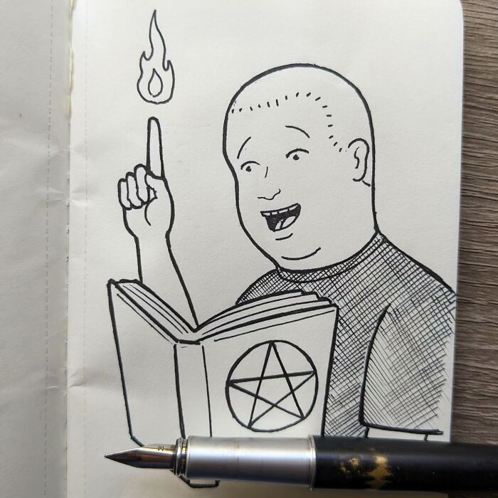 Cartoon drawing by Ed Harrington shows a person holding a book with a pentagram, pointing at a flame.