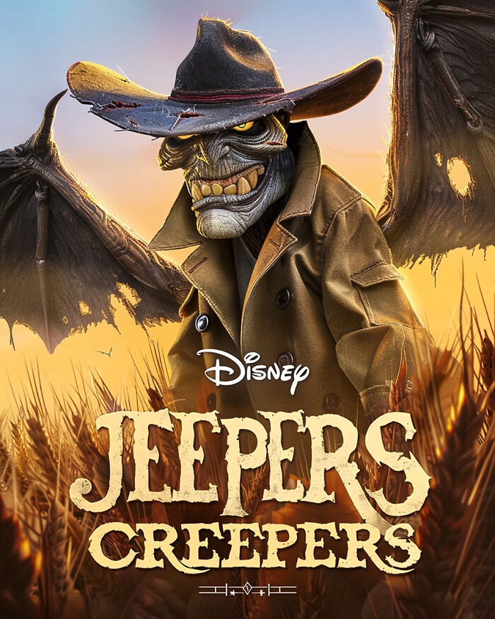 Disney adaptation of Jeepers Creepers poster with cartoon monster in a hat and coat, set in a field.