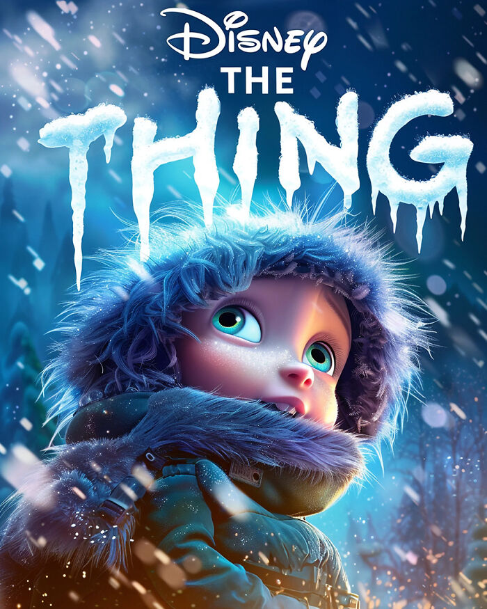 Disney adaptation poster of "The Thing" with young character in winter gear, snowy backdrop.