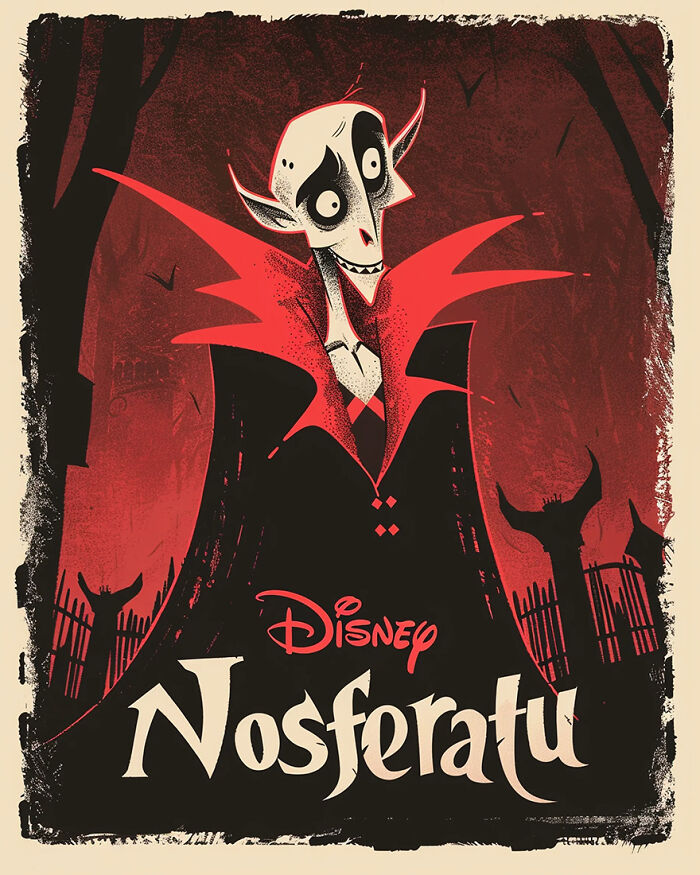 Disney adaptation poster of Nosferatu with cartoon vampire in a forest, AI-generated.