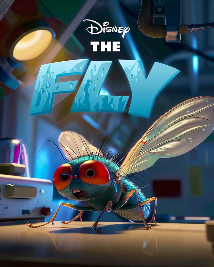 Disney adaptation poster of a bright-eyed fly, reimagining a famous horror movie with AI-generated art.