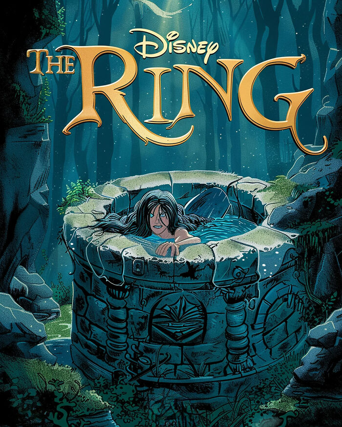 Disney adaptation of horror poster with a girl emerging from a well in a dark, enchanted forest.