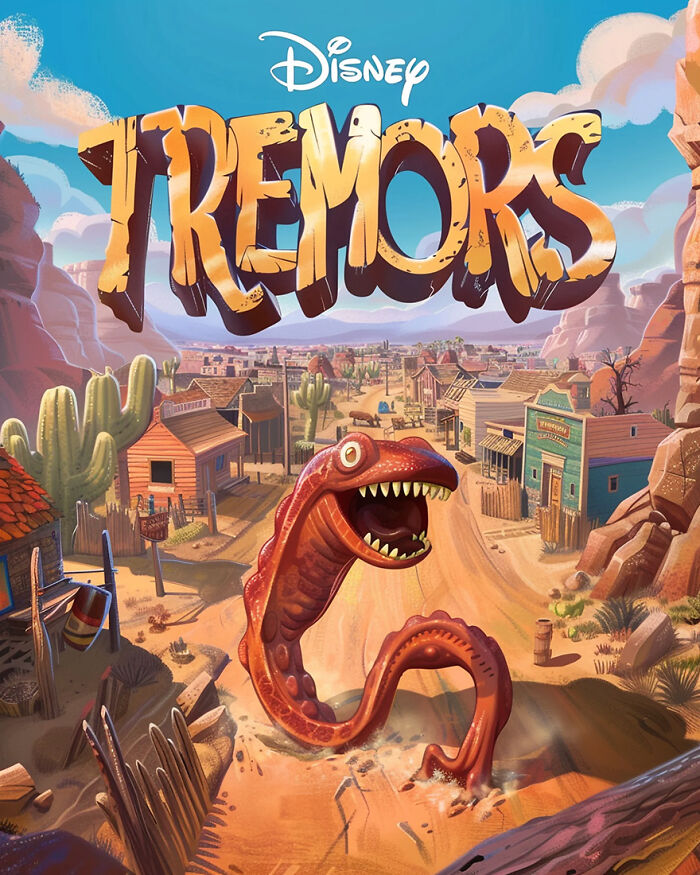 Disney adaptation of Tremors with a cartoon worm in a desert town setting.