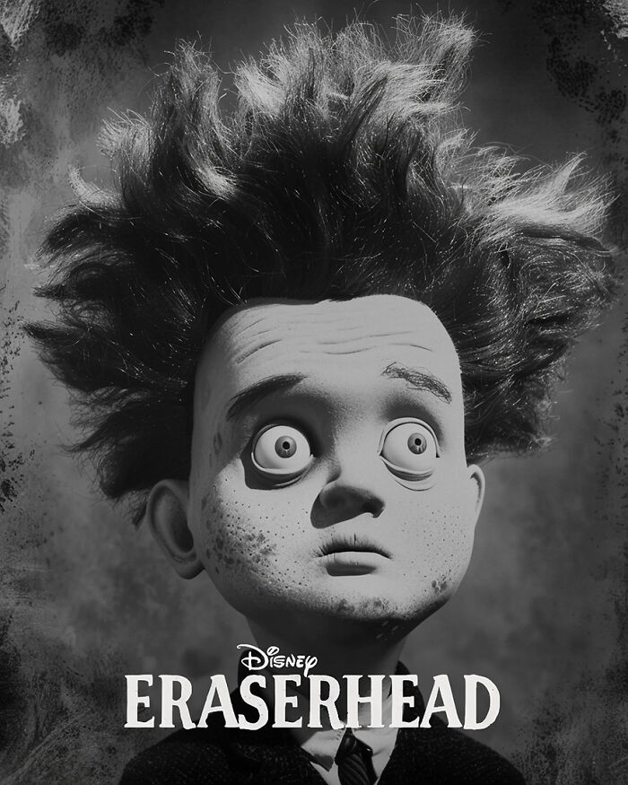 AI-generated Disney adaptation poster of "Eraserhead" with a cartoonish character and wild hair.