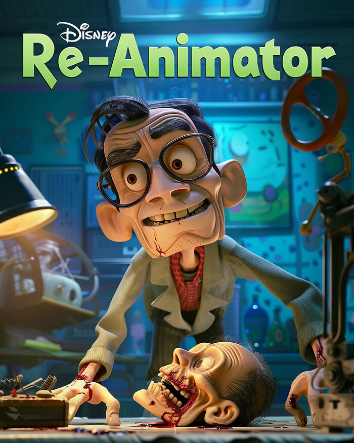 Disney adaptation poster of "Re-Animator," animated scientist with glasses in a lab setting.