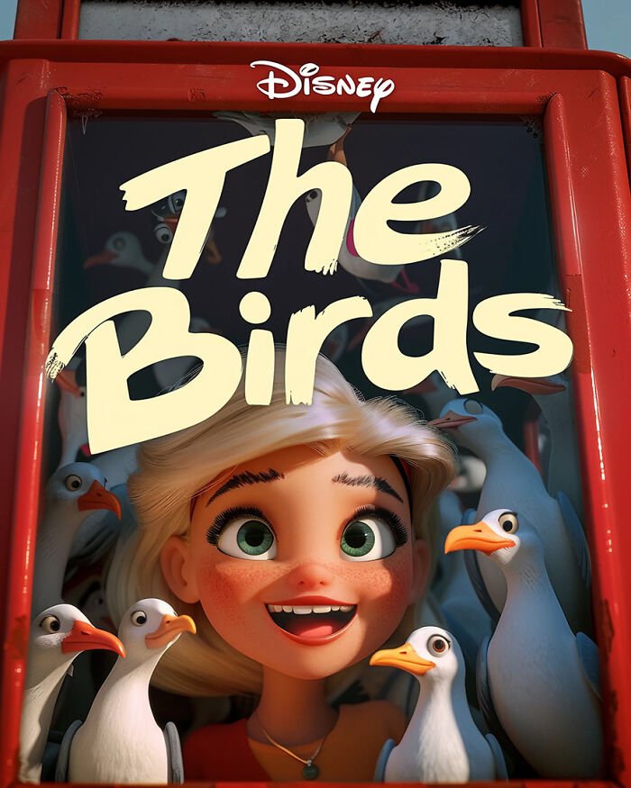 Disney horror adaptation poster with animated girl and cartoon birds.