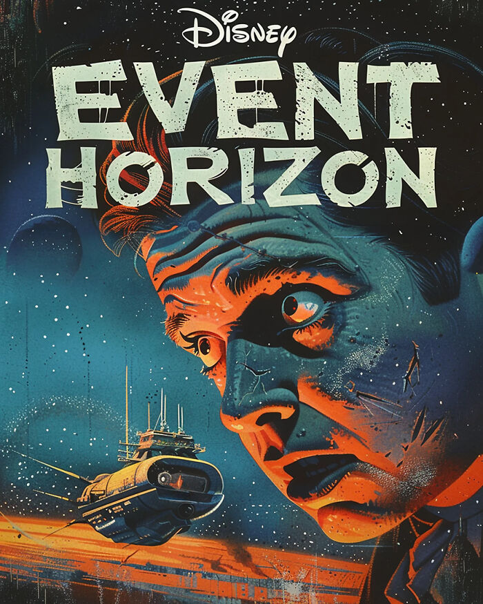 Disney adaptation poster featuring a stylized character and spaceship for a horror movie.