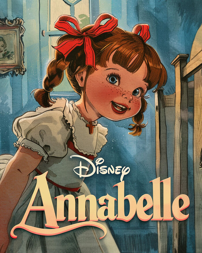 AI-generated Disney adaptation poster of horror movie Annabelle, featuring a cartoon girl with red ribbons in her hair.