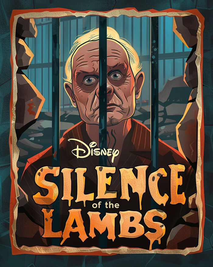 Disney horror movie poster adaptation, character behind bars in "Silence of the Lambs."