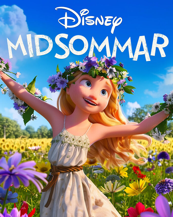 AI-generated Disney adaptation poster of a cheerful girl in a flower crown, standing in a sunny field.