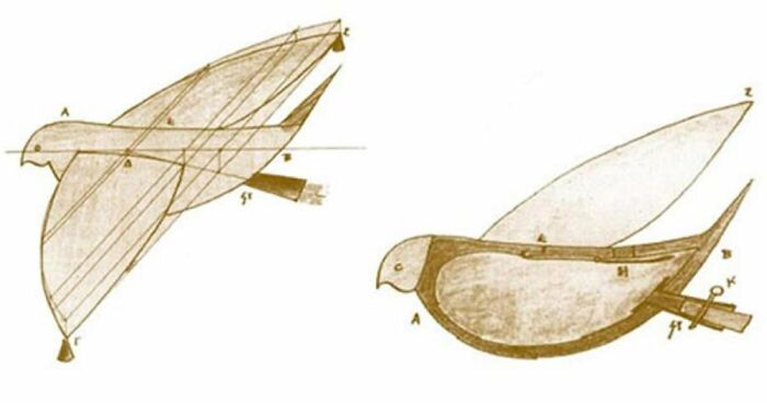 Drawing of an early bird-like flying machine concept, showcasing historical invention ideas ahead of their time.