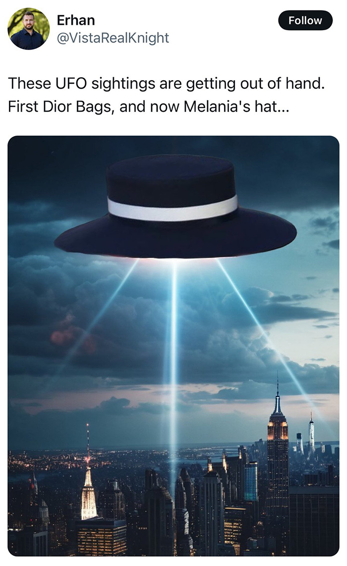 Melania Trump's hat depicted as a UFO over a cityscape, creating humorous reactions.