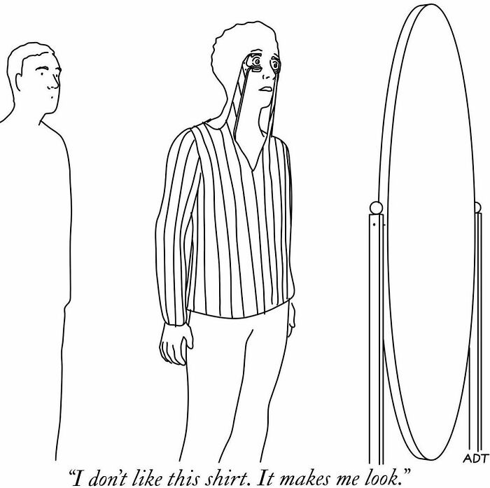 A comic by Adam Douglas Thompson shows a person looking at a mirror, stating they dislike how a striped shirt makes them look.