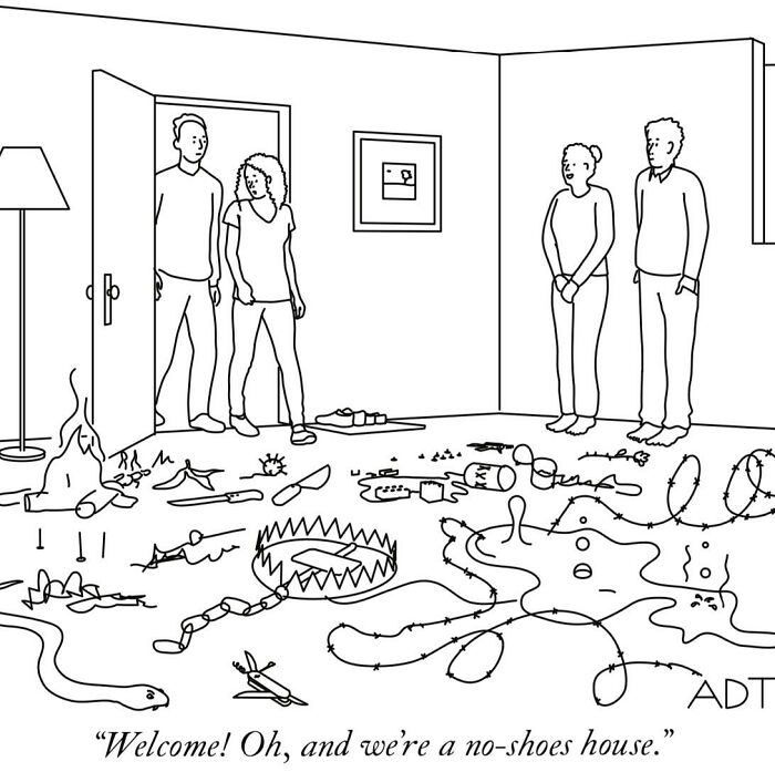 One-panel comic by Adam Douglas Thompson showing visitors in a chaotic, trap-filled room with a funny welcome message.